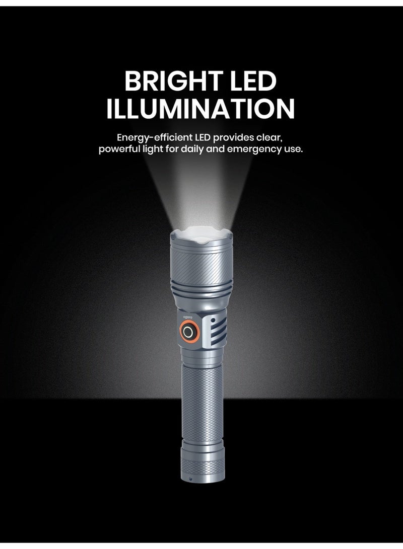 أوجيرا كشاف LED قابل لإعادة الشحن | كشاف تكتيكي عالي السطوع | بطاريتان AA قابلة لإعادة الشحن | صغير ومتين | مقاوم للماء | كشاف طوارئ للتخييم والمشي والاستخدام اليومي | ضمان سنتين | OG1006SL | فضي - Image 1